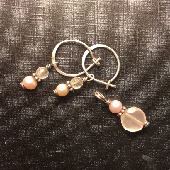 Silver, Pearl and Rose Quarts Earring and Charm - Picture 2 of 2